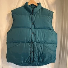 Lands' End Unisex Puffer Vest Sz Large Teal Goose Down Gorpcore Hike Camp Button