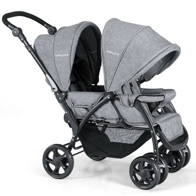 Folding Double Baby Stroller Stand On Front & Back Seats Infant Pushchair Gray