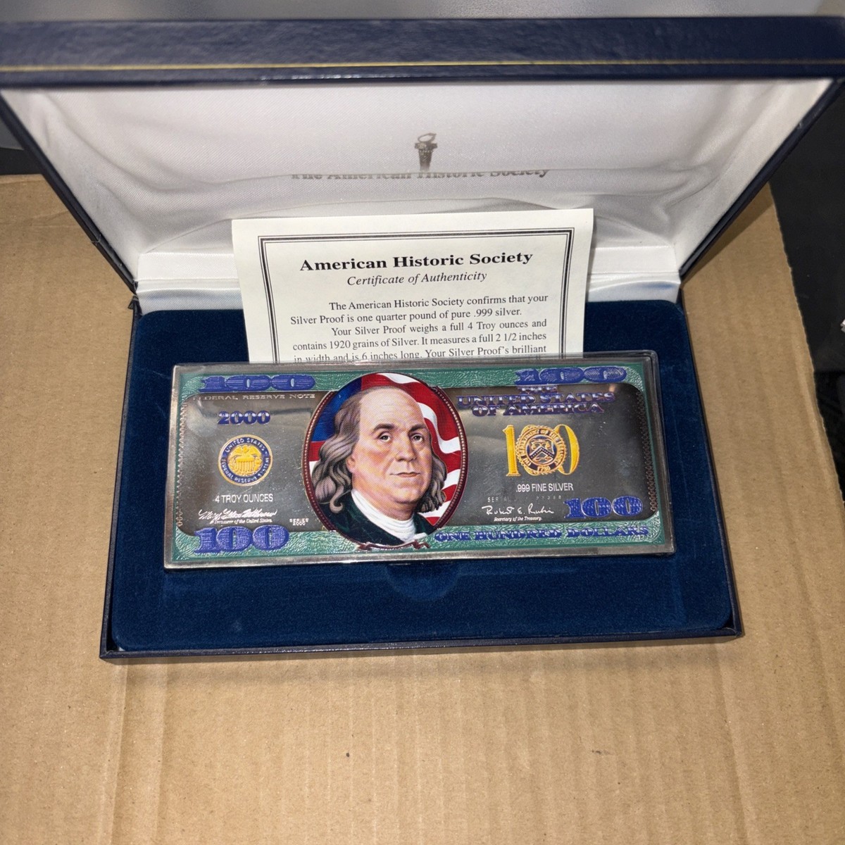 American Historic Society 2001 $100 Bill 4oz Silver Bar .999 Fine