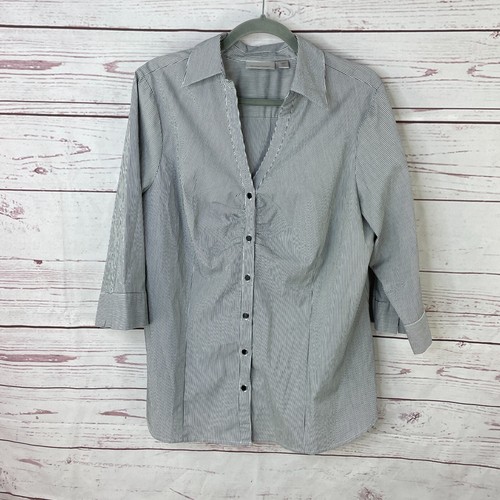 Avenue Black White Pinstripe 3/4 Sleeve Shirt Womens Button-Up Plus Size 14/16