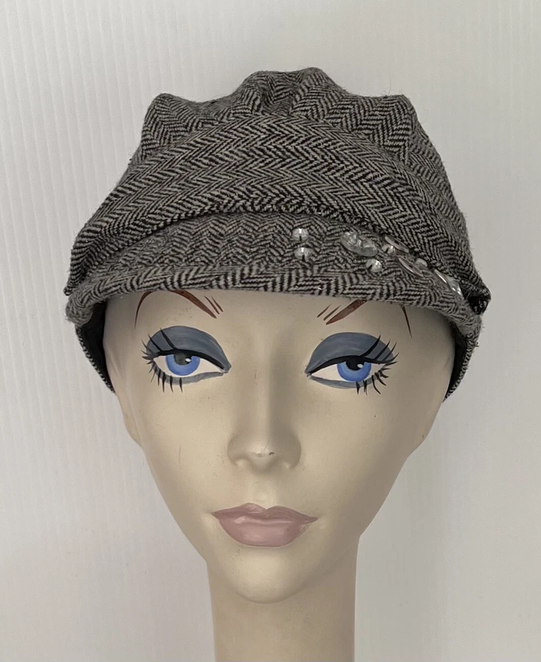 ¡NUEVO CON ETIQUETAS! Sombrero gorra de diseñador mezcla de lana tela NEGRO espiga lindo ¡ESTILO! Forrado Foto 4 de 4