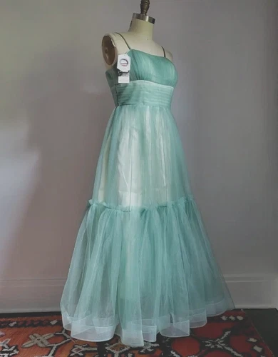 VTG STYLED SEA FOAM GREEN TULLE PARTY MAXI DRESS with SATIN LINING NWT