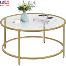 Round Glass Coffee Table Gold W/ Storage Living Room Office Indoor Use Glam New