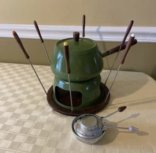 Mid Century Modern Green Fondue Set with Base Burner Wooden Trivet Fork Holder
