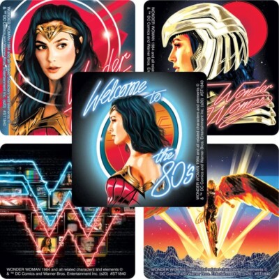5 Adesivi Wonder Woman, Festa Compleanno Bambini, Tema Film 1984, Justice League, Retro, Nuovi - Foto 2