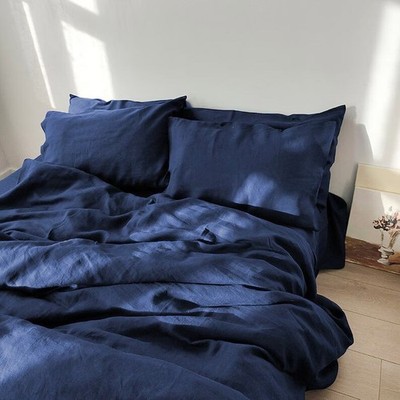 Midnight Blue Linen Duvet Cover Softened Stonewashed Bedding With Zipper Closure
