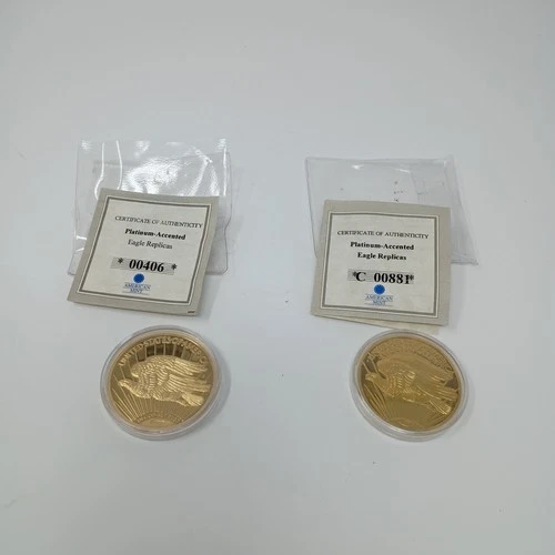 2 American Mint 24k Gold Layered & Platinum 1933 Db Eagle Liberty Coin Replicas