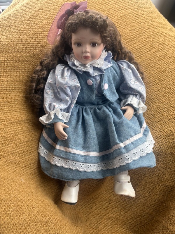 Curly Brown Hair Girl Doll, Light Complexion, Blue Dress, White Shoes, Bow