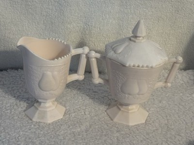 VINTAGE JEANNETTE PINK MILK GLASS CREAMER AND OPEN SUGAR BOWL BALTIMORE PEAR