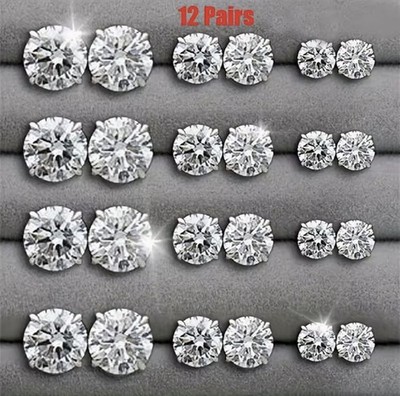 24PCS Sparkly Crystal Stud Earrings Mixed Sizes Fashion Jewellery, New