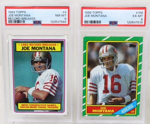 2 VINTAGE JOE MONTANA 1983 1986 TOPPS GRADED PSA 8 #156 #4 49ERS QB