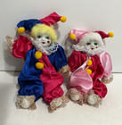 Porcelain Harlequin Clown Dolls Lot of 2, 7 in, Pink Blue, w Box