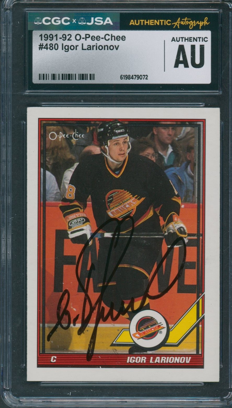 1991/92 O-Pee-Chee OPC #480 Igor Larionov CGC JSA Authentic Autograph Signed *72