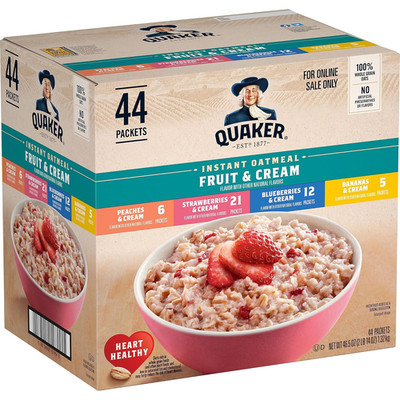 Quaker Instant Oatmeal Fruit & Cream, Single Serve Packets, 44 Pack