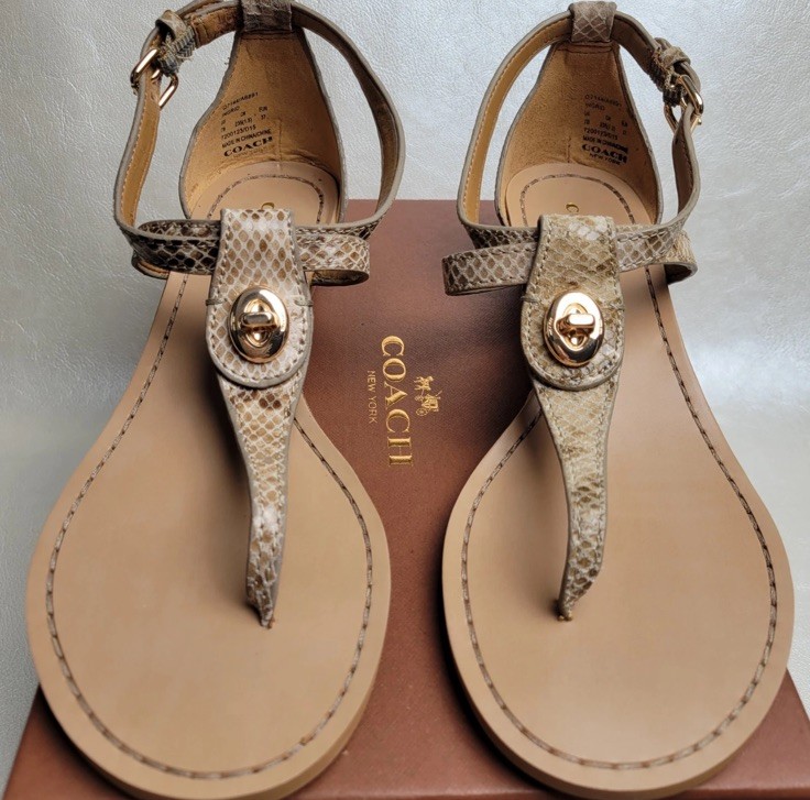 Coach New York Ingrid Natural Snake Print Sandals Size 8.5 Women's New With Box