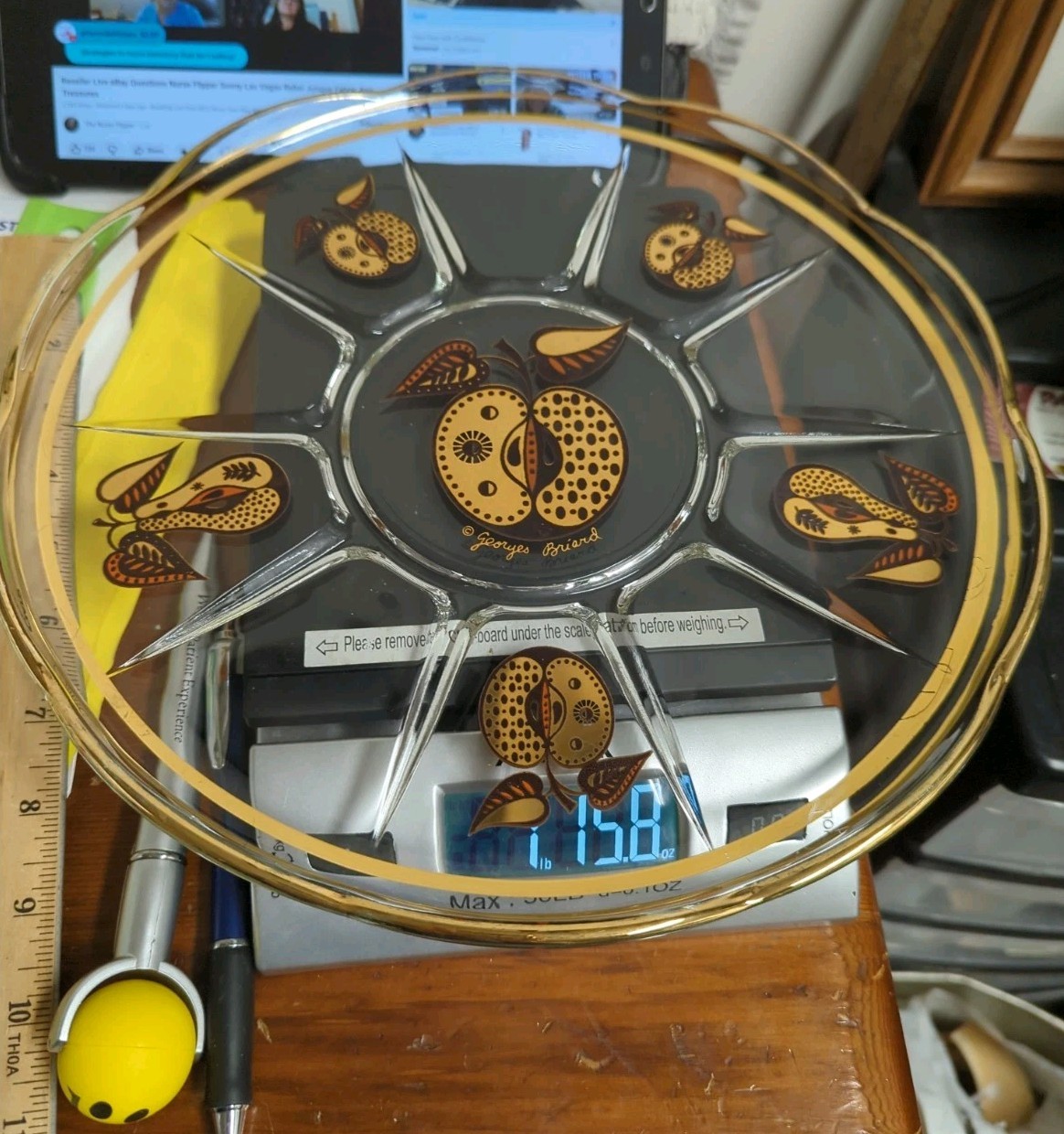 VTG Georges Briard Round Clear Glass Divided Tray Forbidden Fruit Apple Pear 11"