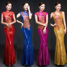 Women Evening Gown Bodycon Fishtail Cheongsam Chinese Qipao Sequin Glitter Dress