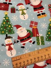 FQ Santa Snowman Tree Gifts Christmas Holiday Blue Cotton Fabric Fat Quarter