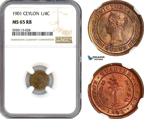 AJ686, Ceylon, Victoria, 1/4 Cent 1901, Calcutta Mint, NGC MS65RB