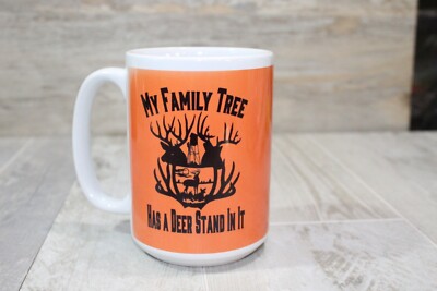 My Family Tree has a Deer Stand in it 15 oz. ceramic coffee mug in Orange