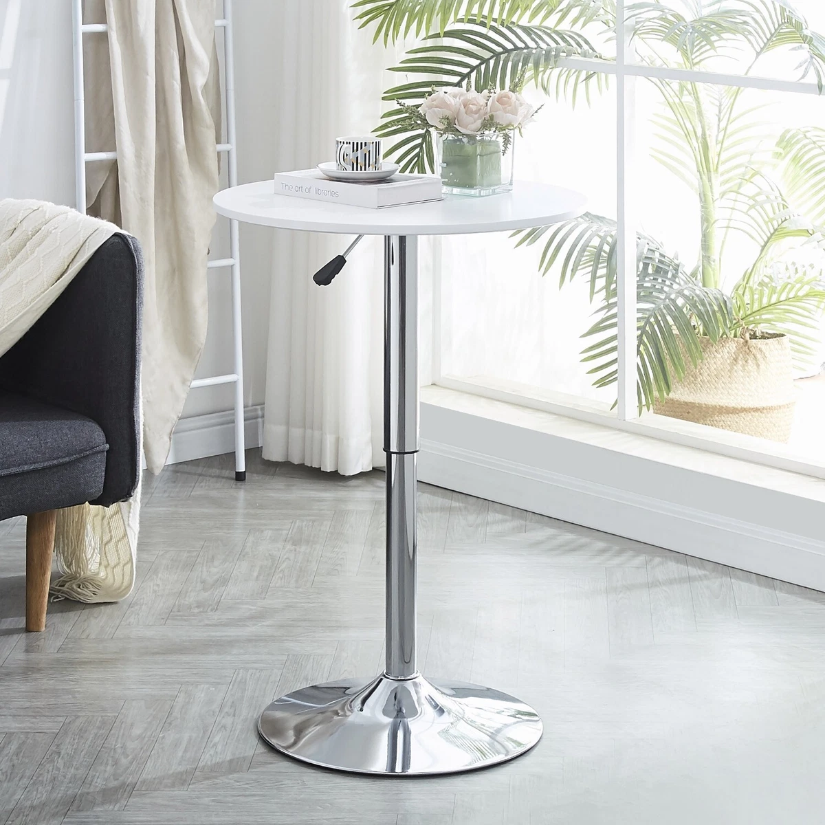 White Round MDF Top Bar Table Silver Chromed Base Pub Table Height
