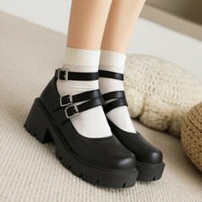 Women Faux Leather Mary Janes Sweet Pumps Round Toe College Chunky Heel Shoes