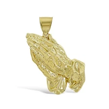 10K Yellow Gold Praying Hands Pendant Mens Charm 2.5 in