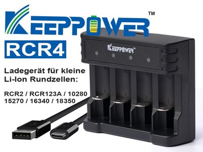 Keeppower RCR4  Li-Ion Ladegerät für RCR2 RCR123A 16340 3,6V - 3,7V