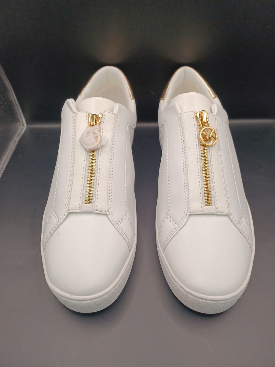 NEW Michael Kors Keaton Zip Slip-On Sneaker-White/Gold Women Size