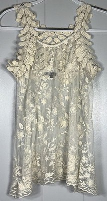 Cleo Apparel Lace Boho Floral Embroidered Scalloped Sheer Tank Top Blouse Top L 