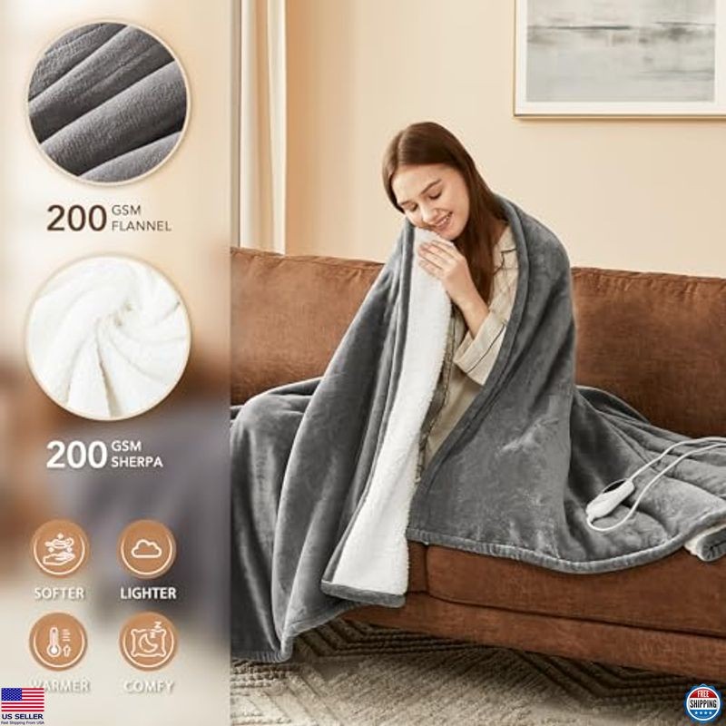 Electric Heated Blanket Throw 50"x60" - 10 Heat Levels, Auto-Off, Flannel Sherpa