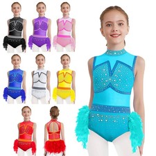 Kids Girls Leotard Feather Bodysuit Rhinestones Dancewear Skirt Cutout Dance