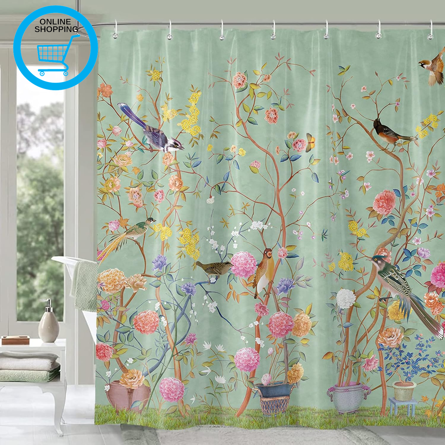 Shower Curtain Green Mould Proof Resistant Waterproof Bird Floral Bathroom Curta