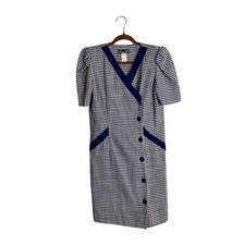 Vintage 80s Gingham Wrap Dress Puff Sleeve Preppy Cottagecore Navy White 12/7