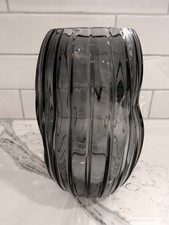 Contemporary Blue Gray Asymmetrical Lined Pinched Cylindrical Glass Vase