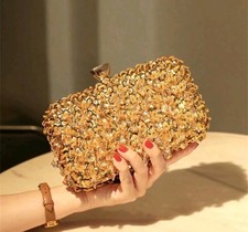 Vintage Gold Beaded Sequin Evening Bag Clutch Purse with Rhinestone Clasp.