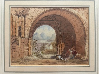 Fine Art Italian 19th Century Roman Ruins  Resting Boy  Watercolour  Framed