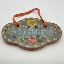Vintage Hand Painted Floral Baby Sleeping Hanging Door Sign Plaque Folk Art