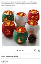 Christmas Votive Candle Holder Set of 6, Red Green White Glass Tealight Holde...