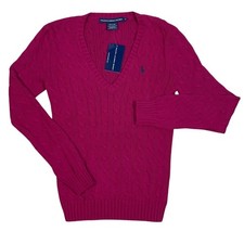 VTG Y2K Ralph Lauren Sport Cable Knit V-Neck Cotton Sweater Sz Med Raspberry