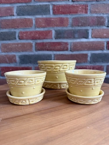 Vintage Set of 3 Mid Century McCoy Greek Key Hobnail Planters Yellow