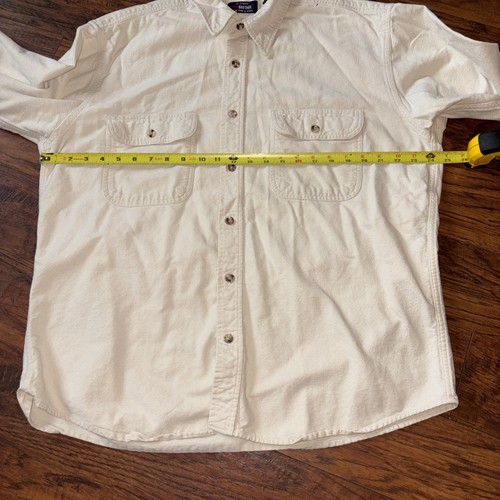 Ivory vintage five-brother flannel button-down shirt with yellow measuring tape across the chest.