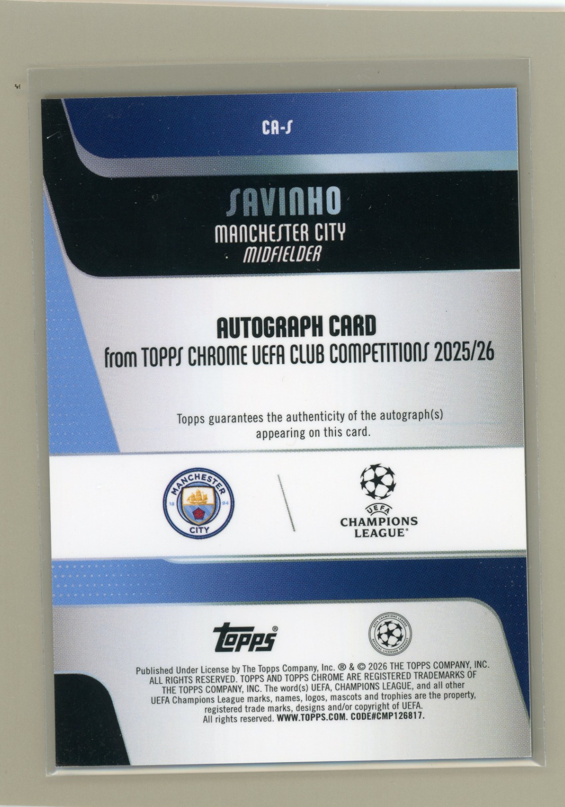 25/26 Topps UEFA CC Savinho Black Autograph /10 Man City, Spurs view 2