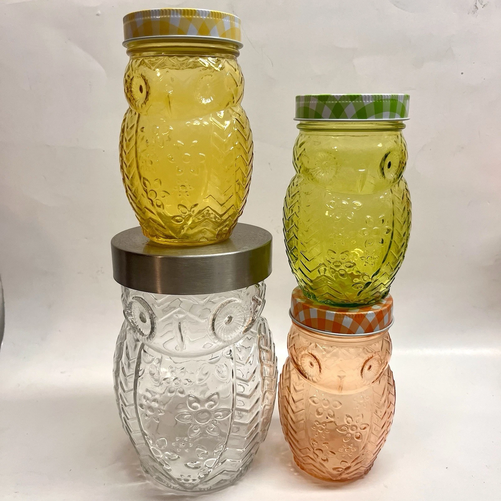 4 Glass Owl Storage Jar Water Cup Lot - Green Red Yellow Clear