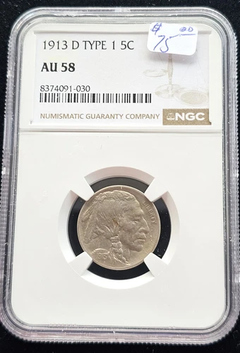 1913-D 5C INDIAN-HEAD BUFFALO NICKEL TYPE I MOUND NGC-AU-58