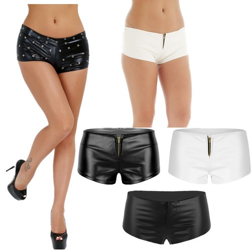 PU Leather Booty Shorts Zipper Low Rise 