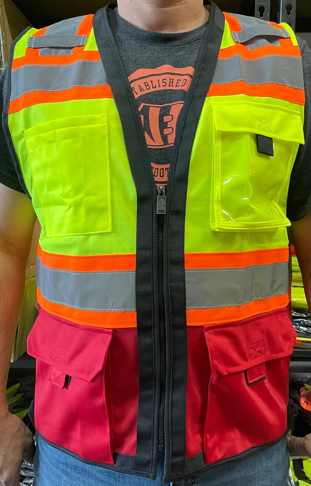 Surveyor RED/ Yellow Two Tones Safety Vest, ANSI/ ISEA  Photo ID Pocket #802-RD image 1