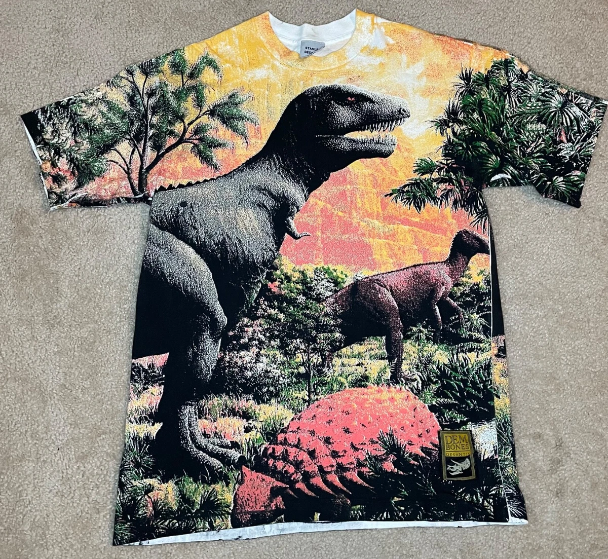 RARE VTG 90s Stanley Desantis Dinosaur T Rex Dem Bones All Over Print Shirt  - L