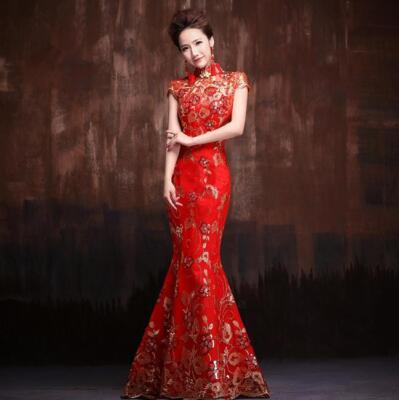 New Cheongsam Womens Slim Chinese Ball Gown Fishtail Evening Long Wedding Dress