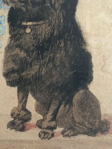 Aquarelle XIXe Belle époque Petit chien Caniche aux fleurs Art Nouveau - Photo 8/10